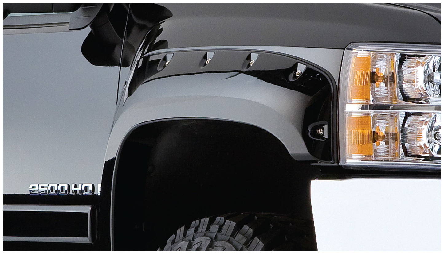 Bushwacker - 20043-02 - Fender Flare -  20043-02 Black Cutout Style Smooth Finish Front Fender Flares for 1999-2010 Ford F-250 Super Duty Styleside w/98 In. Bed; 1999-2007 F-350 to F-550 Super Duty - P/N: 20043-02