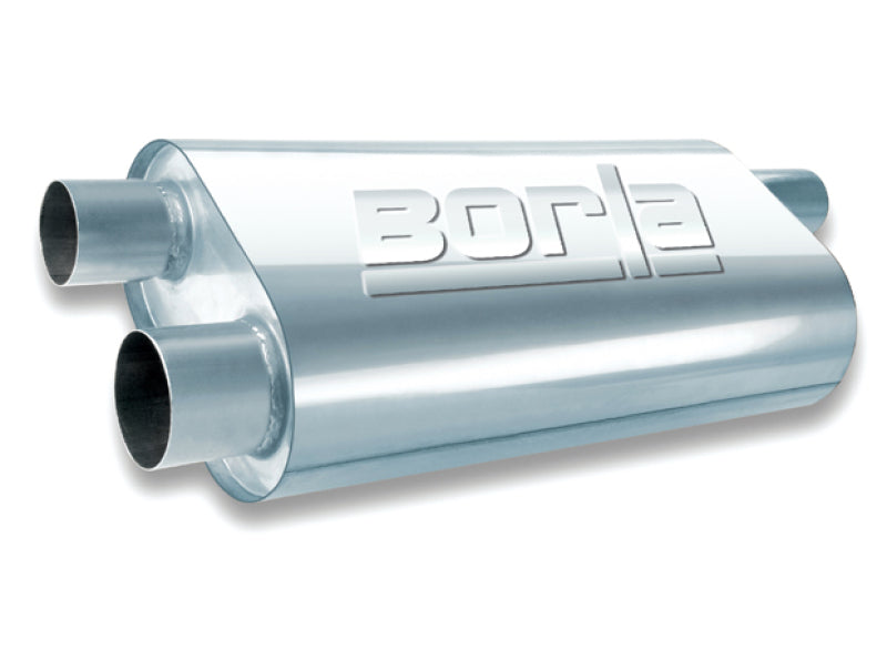 Borla 40474 Universal Transverse Flow Muffler, Single 3-Inch Offset Inlet and Dual 2.5-Inch Offset Outlets