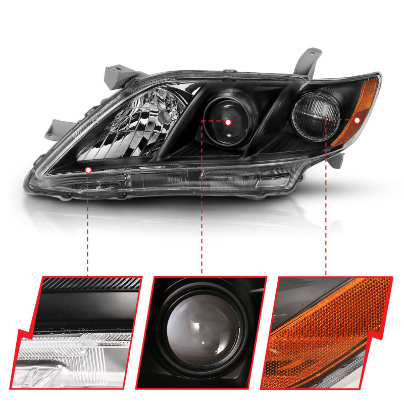 ANZO 2007-2011 Toyota Camry Projector Headlight Black Amber