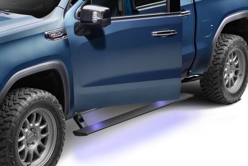AMP Research PowerStep Plug-N-Play Automatic Running Boards, Part Number 76255-01A, for 2022-2026 Chevrolet Silverado and GMC Sierra