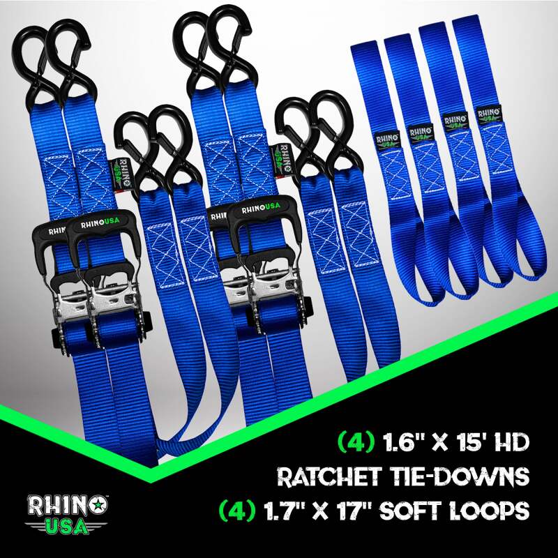 Rhino USA rsaTD-GC1.6X15-BLU Heavy Duty Ratchet Tie-Down 4-Pack, Blue