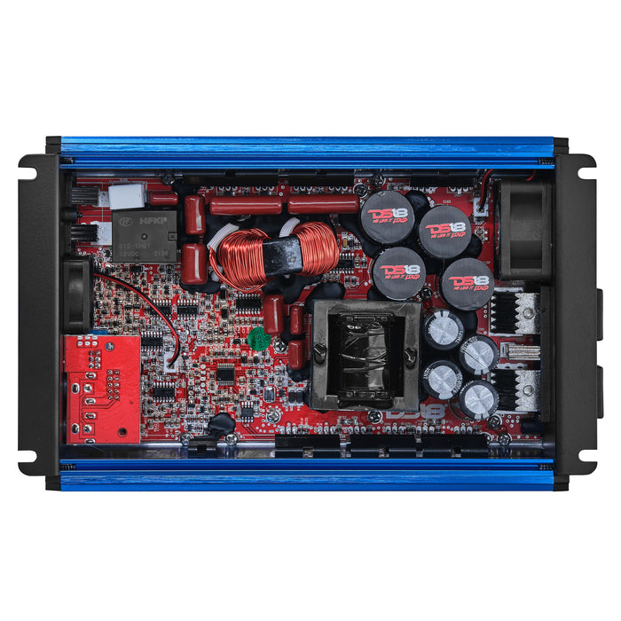 DS18 FRP Compact Full-Range Class D 1-Channel Amplifier 2,500 Watts Rms @ 1-ohm Red Blue SKU: FRP-2.5K/BL