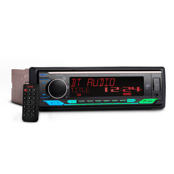 DS18 High Power 240 Watts RMS (4 x 60) Digital Media Receiver | Single Din | DSP | APP | Bluetooth Audio and Calling Head Unit | Aux Input | USB | Mechless | AM/FM Radio Receiver | 3V + 3.5V Subwoofer SKU: SDX-P200