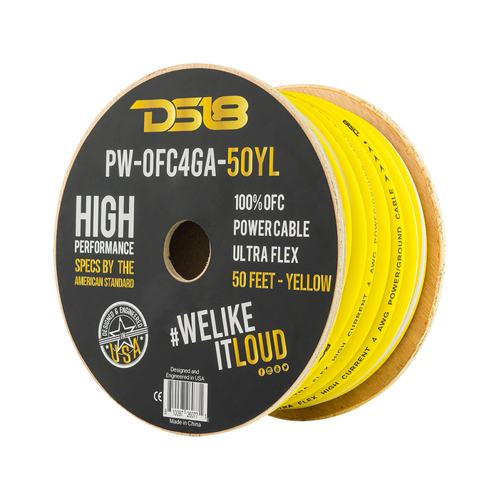 DS18 4-GA 100% OFC Ground, Power Cable, 50 Feet SKU: PW-OFC4GA-50YL