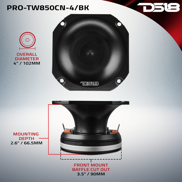 DS18 4" High Compression Hybrid Driver/Tweeter Neodymium Magnet 1.5" PEI Vc 250 Watts 4-Ohm SKU: PRO-TW850CN-4/BK