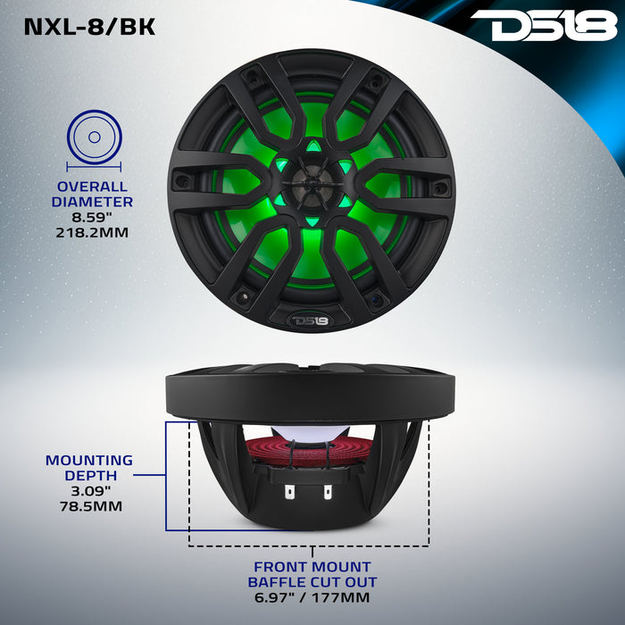 DS18 NXL 8" 2-Way Coaxial Marine Speaker With LED RGB Lights 125 Watts Rms 4-Ohm - Black SKU: NXL-8/BK