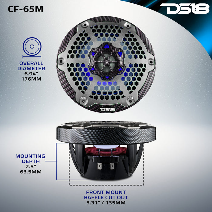 DS18 NXL 6.5" 2-Way Coaxial Marine Speaker With LED RGB Lights 100 Watts Rms 4-Ohm - Black Carbon Fiber SKU: CF-65M