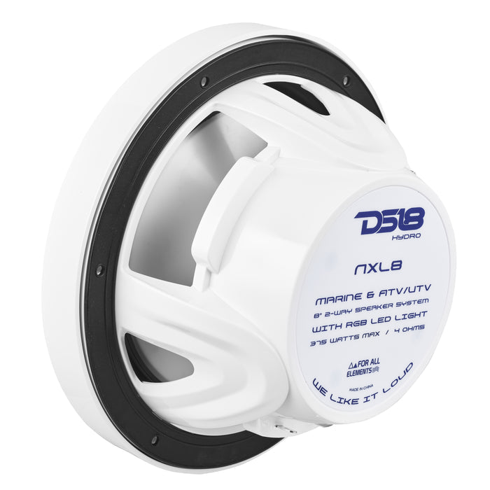 DS18 NXL 8" 2-Way Coaxial Marine Speaker With LED RGB Lights 125 Watts Rms 4-Ohm - White SKU: NXL-8