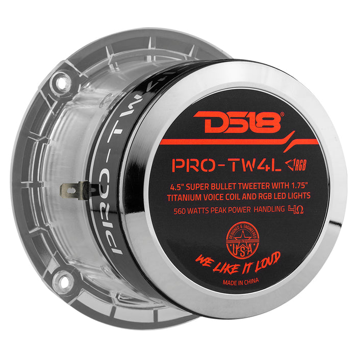 DS18 4.5" Super Bullet Tweeter 280 Watts 1.75" Titanium 4-Ohm Vc with RGB LED Lights SKU: PRO-TW4L
