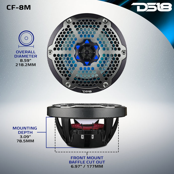 DS18 NXL 8" 2-Way Coaxial Marine Speaker With LED RGB Lights 125 Watts Rms 4-Ohm - Black Carbon Fiber SKU: CF-8M