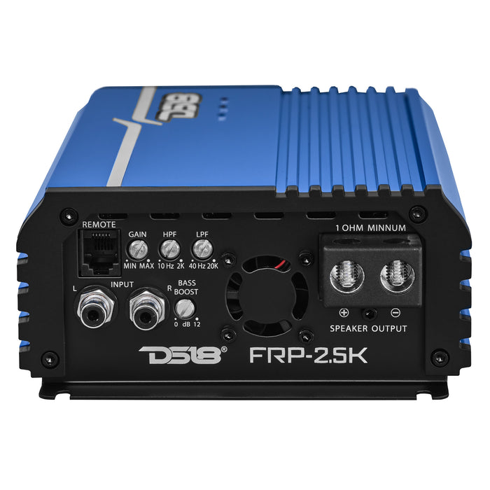 DS18 FRP Compact Full-Range Class D 1-Channel Amplifier 2,500 Watts Rms @ 1-ohm Red Blue SKU: FRP-2.5K/BL