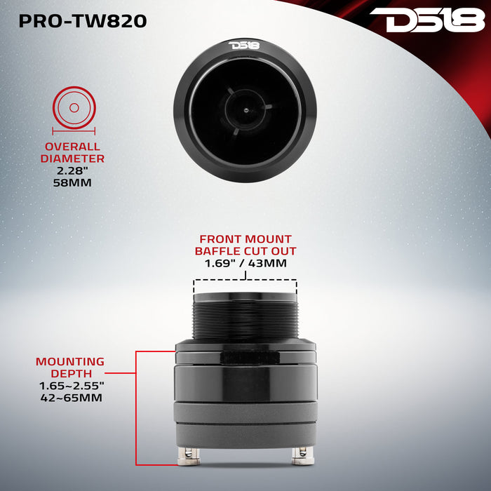DS18 2.3" High Compression Neodymium Super Bullet Tweeter 100 Watts 1.4" Aluminum 4-Ohm Vc SKU: PRO-TW820