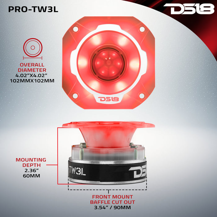 DS18 4" Super Bullet Tweeter 250 Watts 1.5" Titanium 4-Ohm Vc with RGB LED Lights SKU: PRO-TW3L
