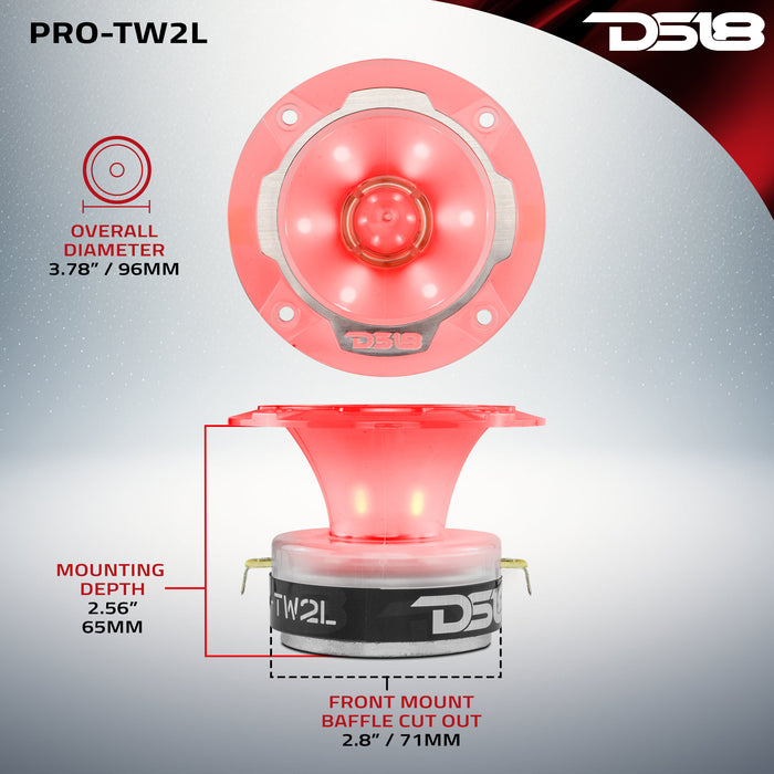 DS18 3.8" Super Bullet Tweeter 120 Watts 1" Aluminum 4-Ohm Vc with RGB LED Lights SKU: PRO-TW2L