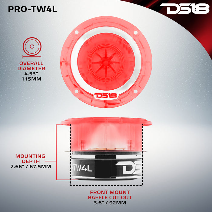 DS18 4.5" Super Bullet Tweeter 280 Watts 1.75" Titanium 4-Ohm Vc with RGB LED Lights SKU: PRO-TW4L
