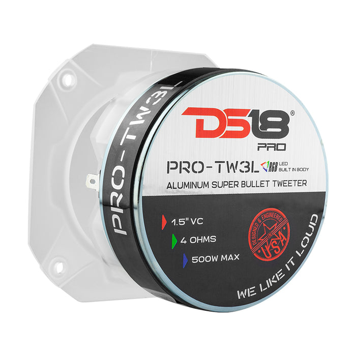 DS18 4" Super Bullet Tweeter 250 Watts 1.5" Titanium 4-Ohm Vc with RGB LED Lights SKU: PRO-TW3L