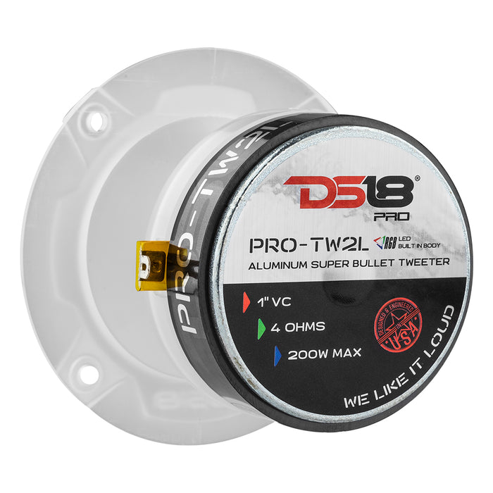 DS18 3.8" Super Bullet Tweeter 120 Watts 1" Aluminum 4-Ohm Vc with RGB LED Lights SKU: PRO-TW2L