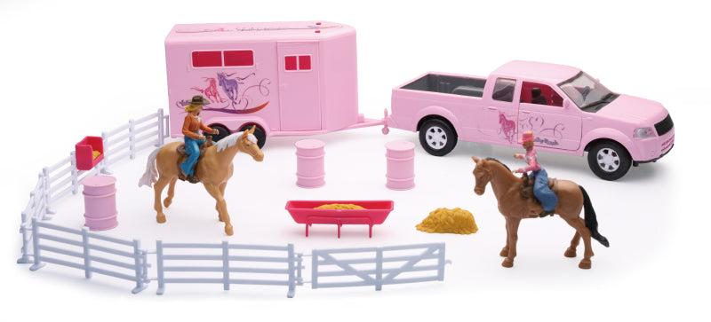 New Ray Toys Pink Pickup Horse Trailer Set