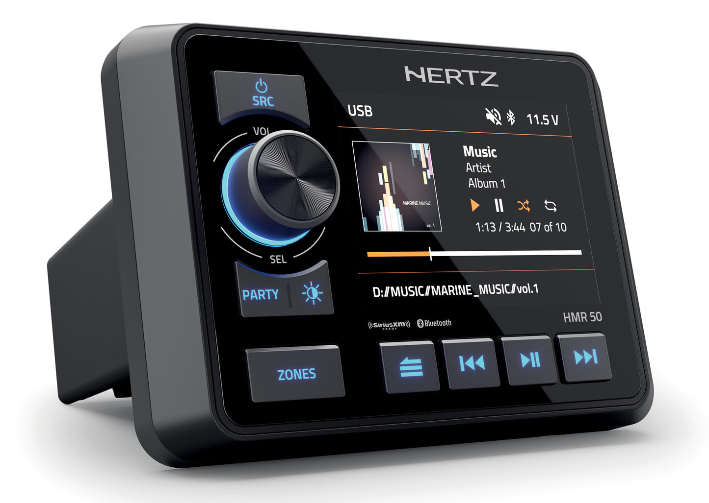 Hertz Marine Head Unit HMR 50 3-zone Receiver 3.5" color TFT IPS display AM/FM/USB/Bluetooth, L/R line out per zone + Sub LP 60-80-100 Hz